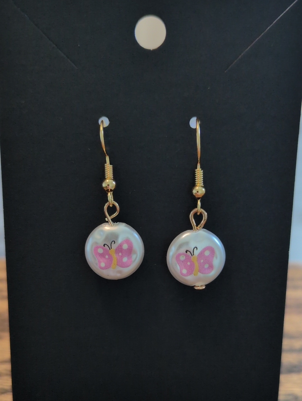 Gold-Tone Pearl Earrings with Pink Butterfly Accents